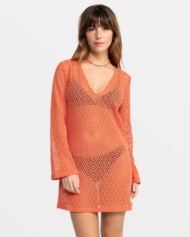 Vestido Roxy Love Coastline Long Sleeve Crochet Beach | 876LJBAPE